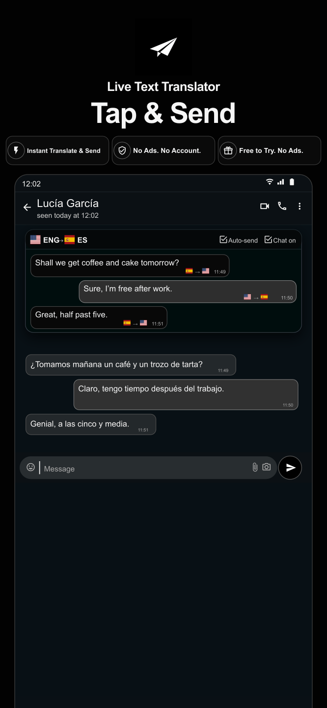 WhatsApp chat with instant translation between English and Spanish