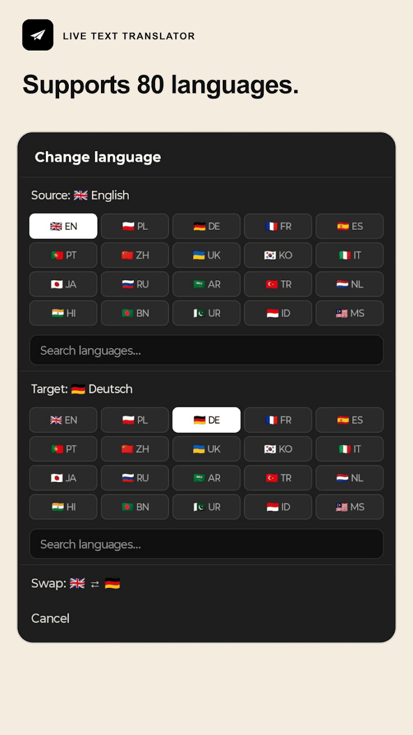 Language picker with source and target language grids